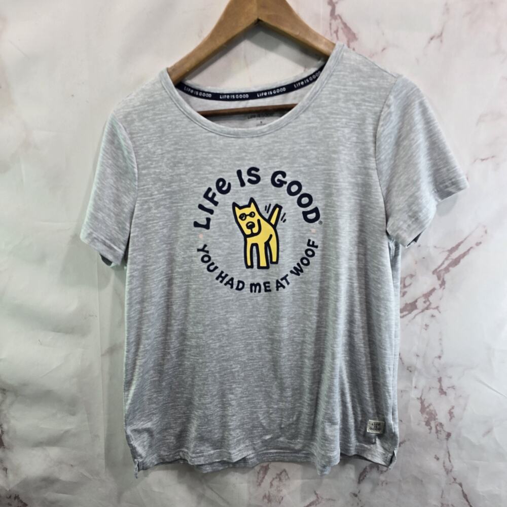 Life Is Good Shirt Womens Small Gray Sleep PJ Pajama Dog Had Me At Woof Recycled